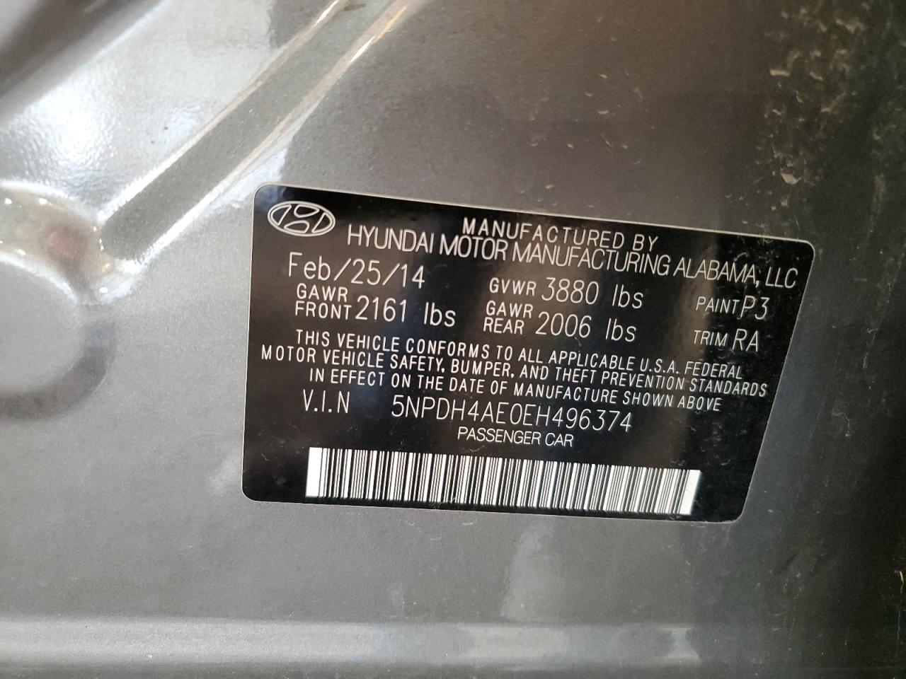 2014 Hyundai Elantra Se VIN: 5NPDH4AE0EH496374 Lot: 65124164