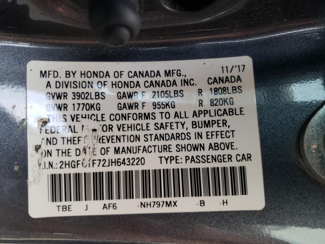 2018 Honda Civic Exl VIN: 2HGFC1F72JH643220 Lot: 62540534