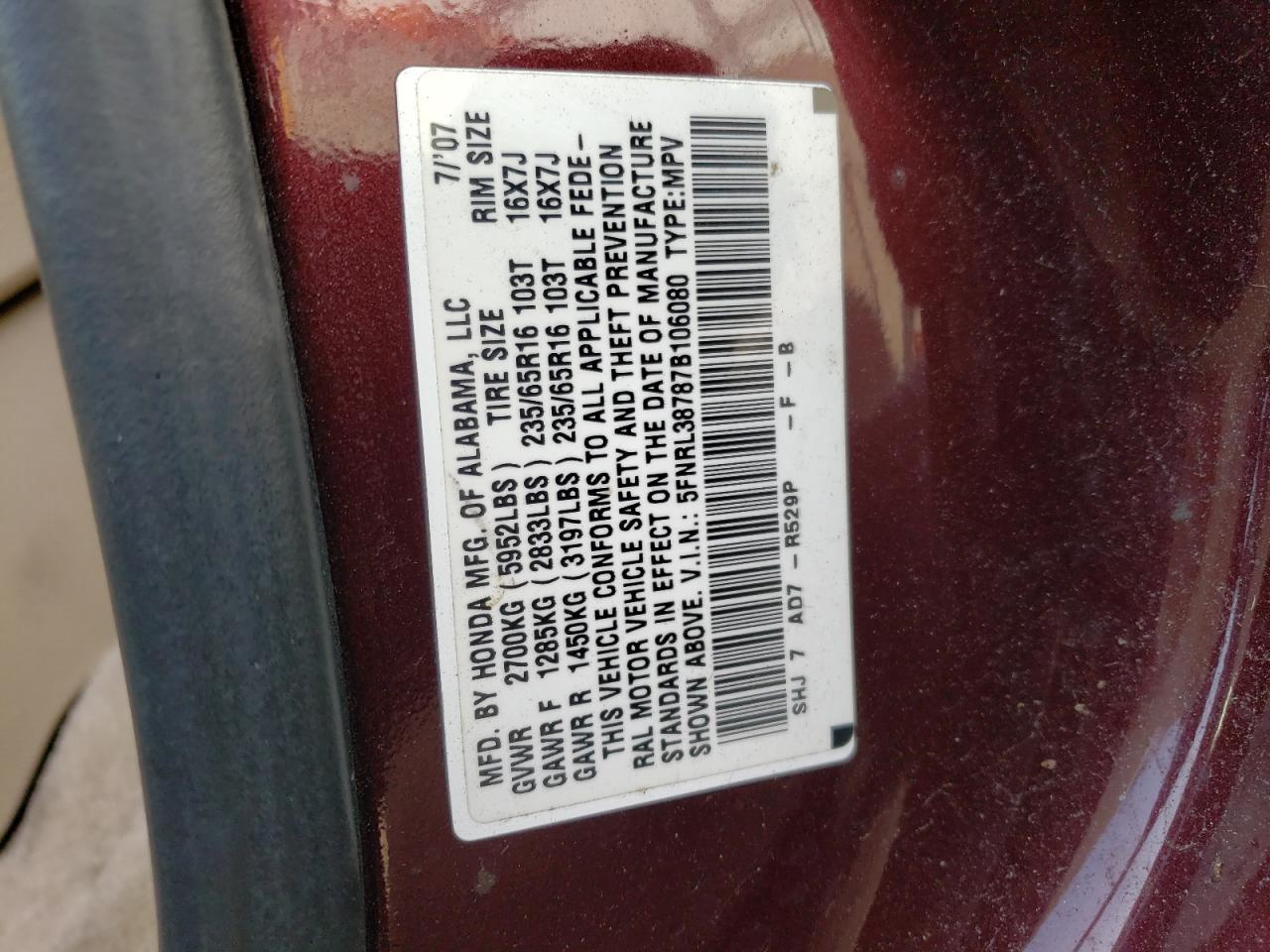 5FNRL38787B106080 2007 Honda Odyssey Exl