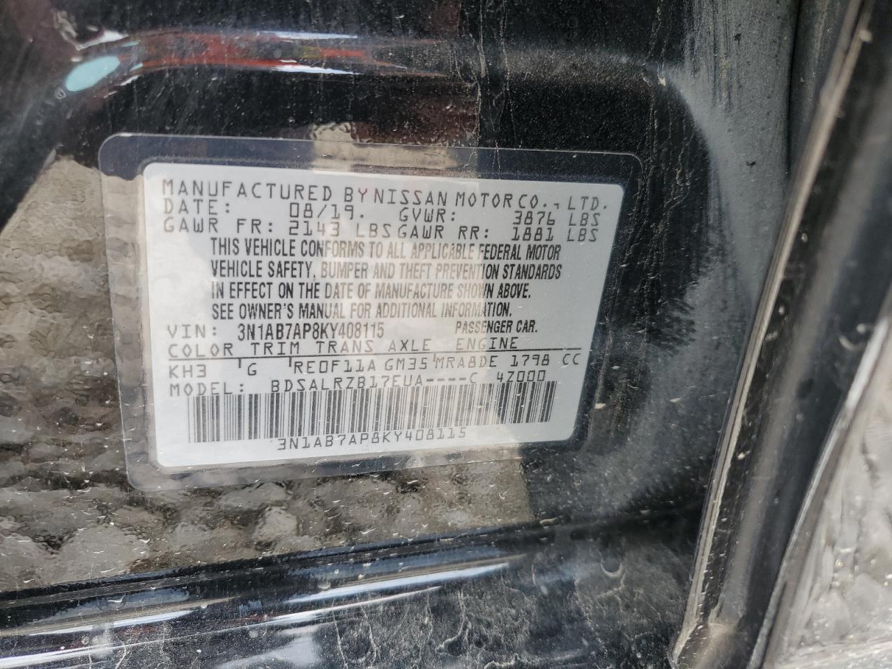 3N1AB7AP8KY408115 2019 Nissan Sentra S