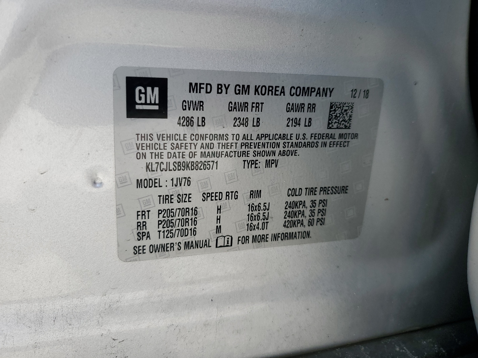 KL7CJLSB9KB826571 2019 Chevrolet Trax 1Lt