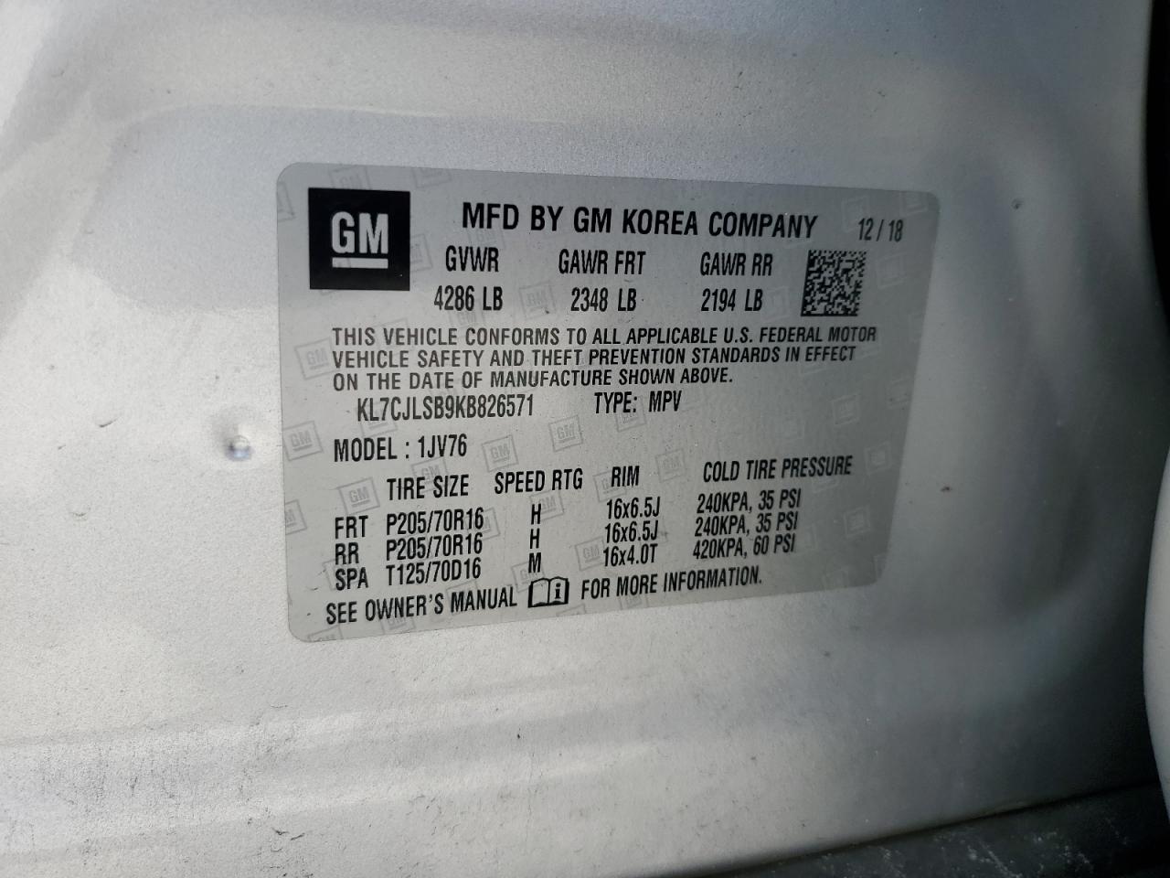 2019 Chevrolet Trax 1Lt VIN: KL7CJLSB9KB826571 Lot: 65497954