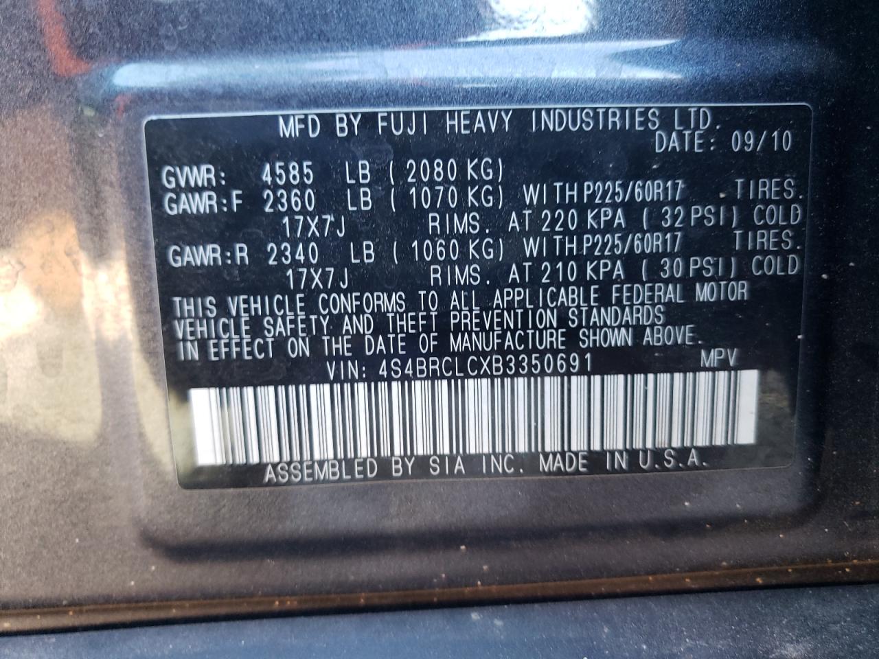 2011 Subaru Outback 2.5I Limited VIN: 4S4BRCLCXB3350691 Lot: 64526184