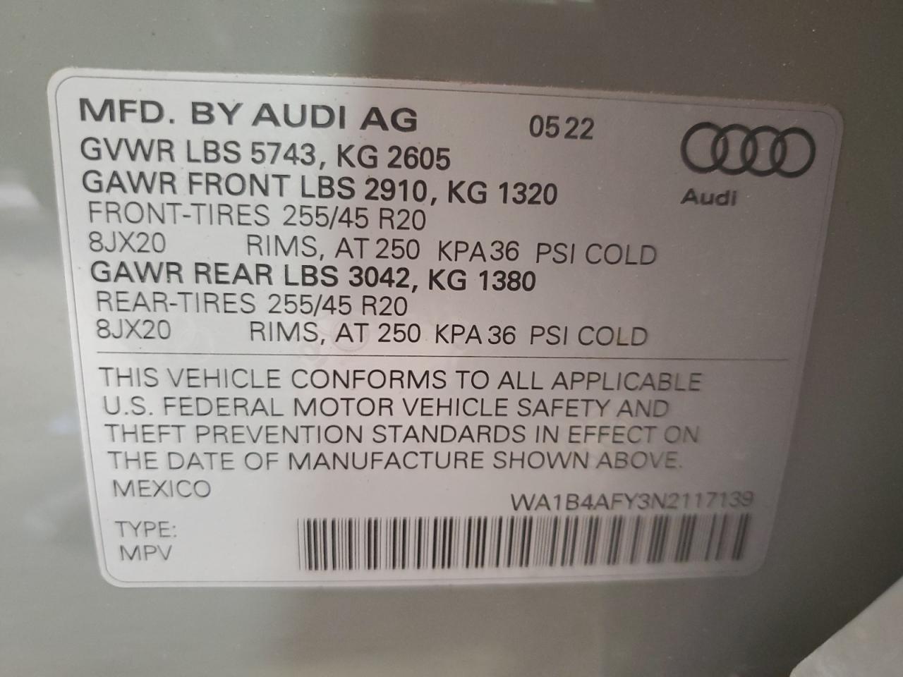 2022 Audi Sq5 Premium Plus VIN: WA1B4AFY3N2117139 Lot: 62443584