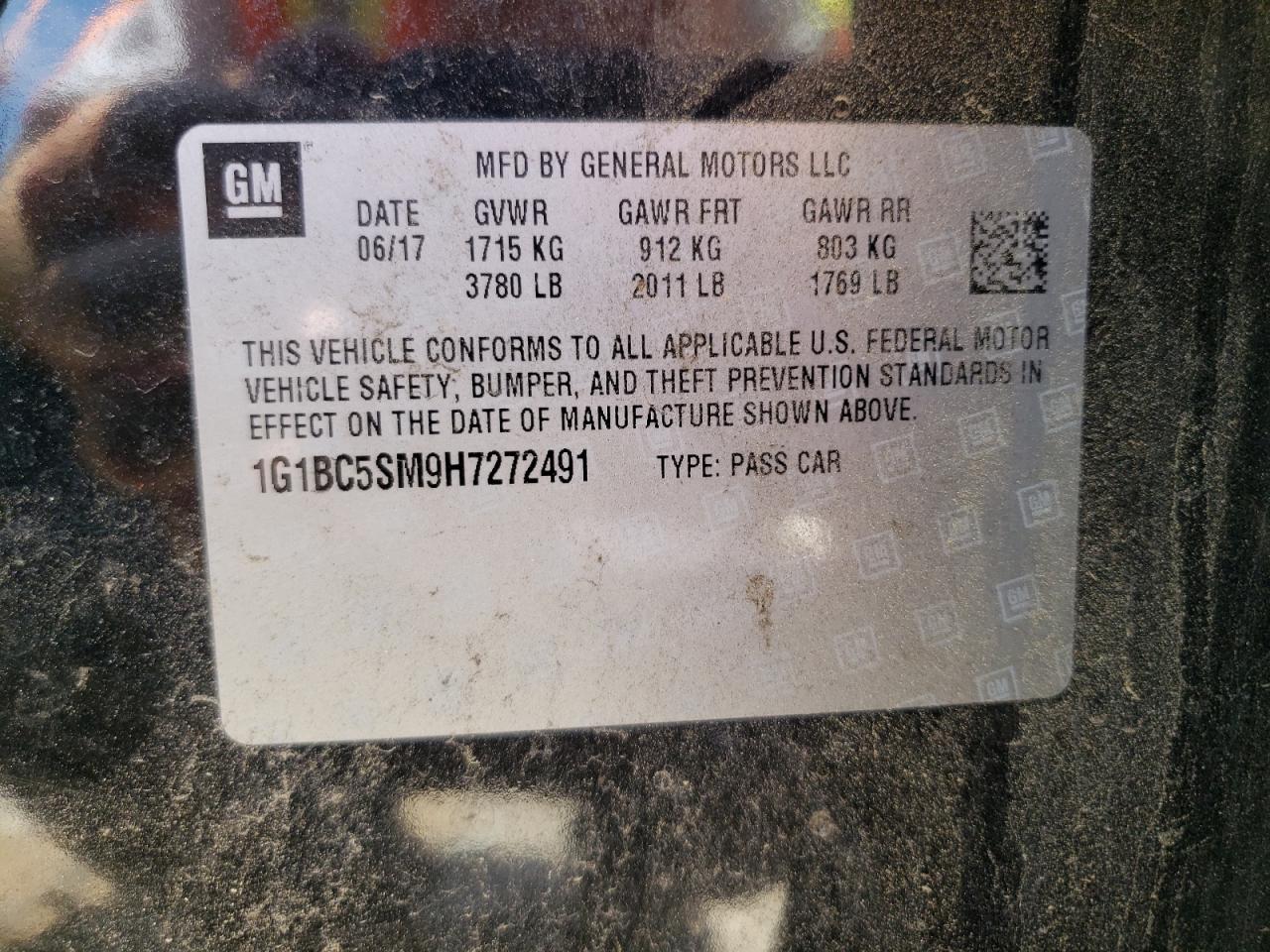 2017 Chevrolet Cruze Ls VIN: 1G1BC5SM9H7272491 Lot: 62681534