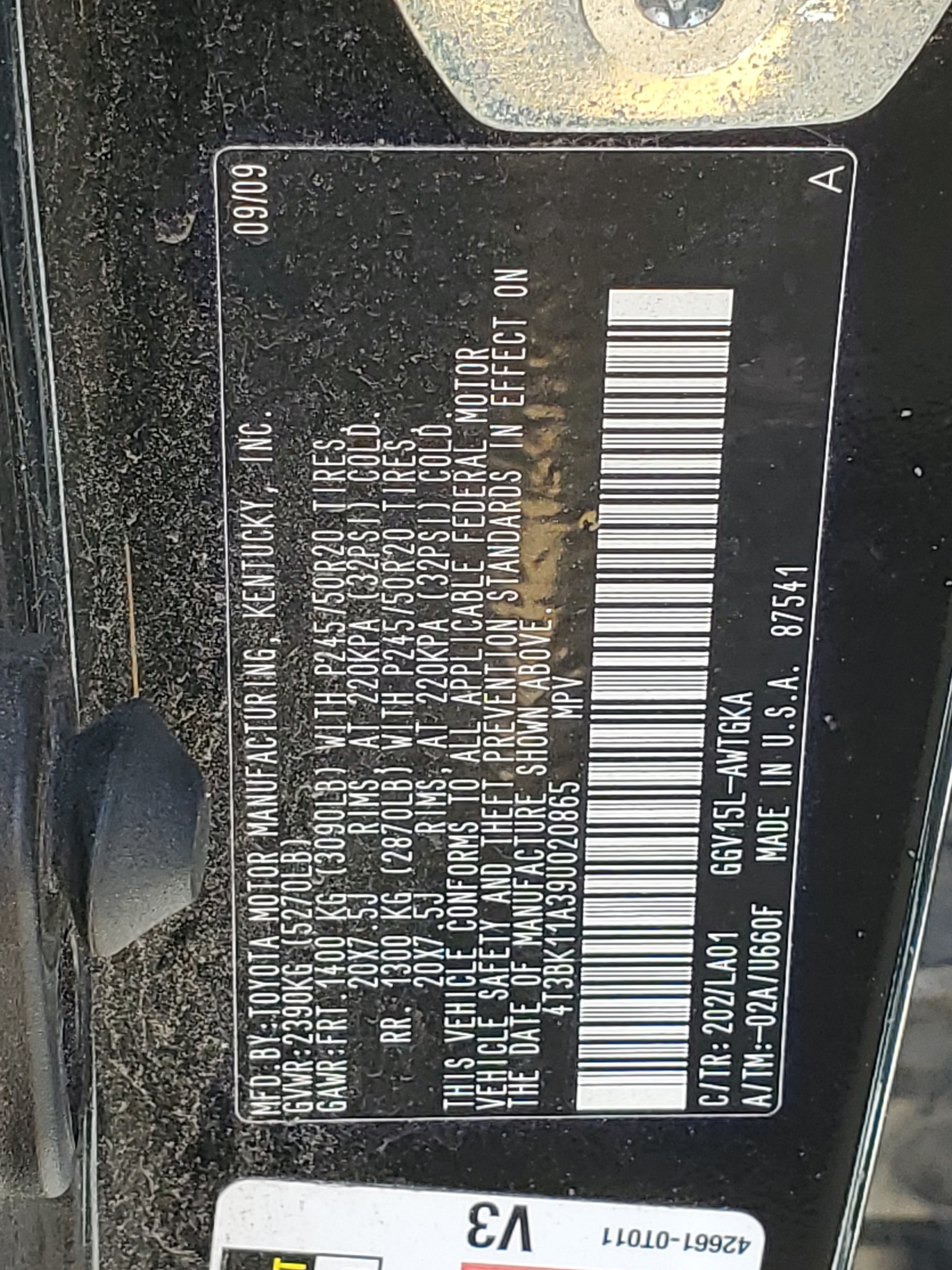 4T3BK11A39U020865 2009 Toyota Venza