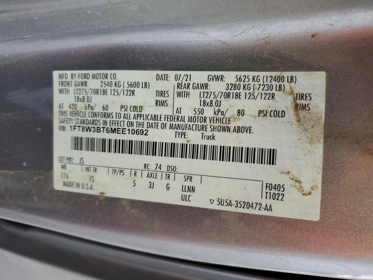 2021 Ford F350 Super Duty VIN: 1FT8W3BT6MEE10692 Lot: 61728804