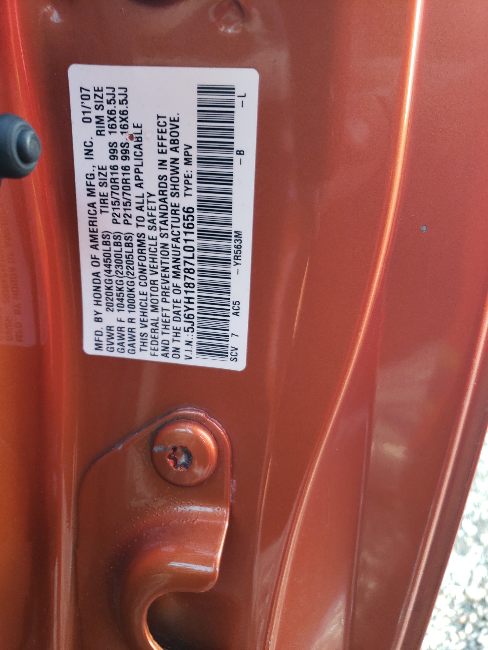 5J6YH18787L011656 2007 Honda Element Ex