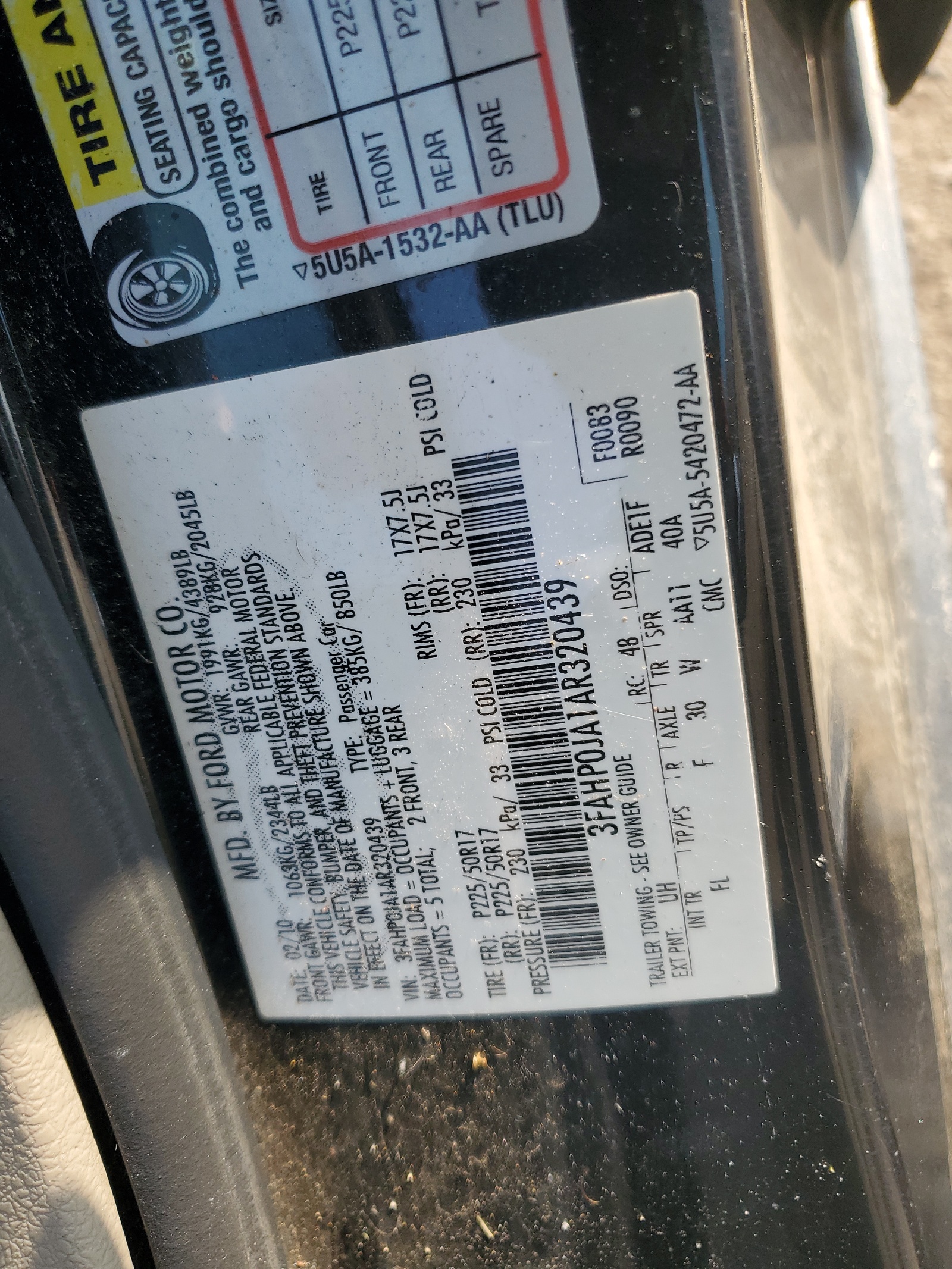 3FAHP0JA1AR320439 2010 Ford Fusion Sel