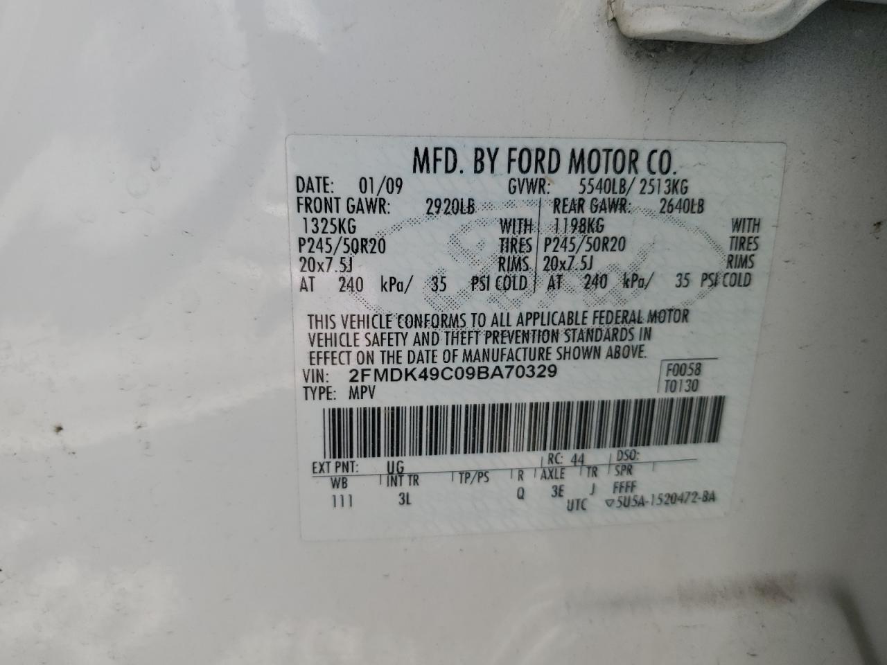 2009 Ford Edge Limited VIN: 2FMDK49C09BA70329 Lot: 64046884