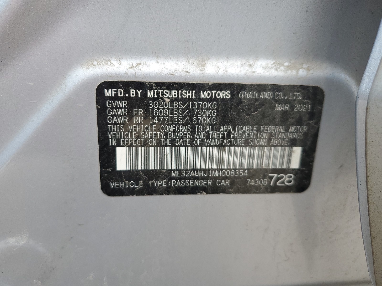 ML32AUHJ1MH008354 2021 Mitsubishi Mirage Es