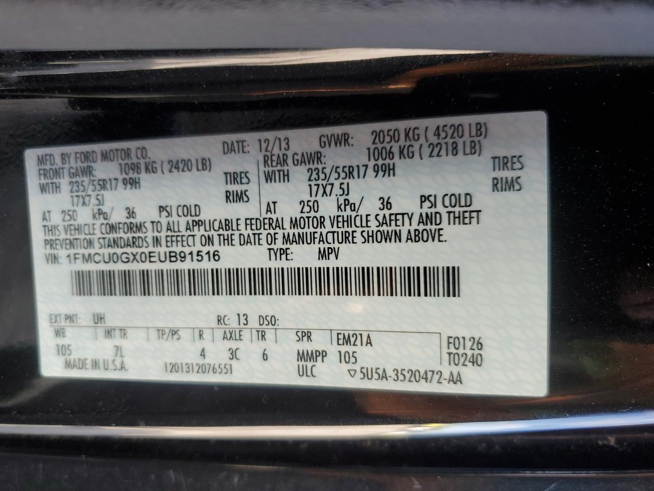 2014 Ford Escape Se VIN: 1FMCU0GX0EUB91516 Lot: 62295984