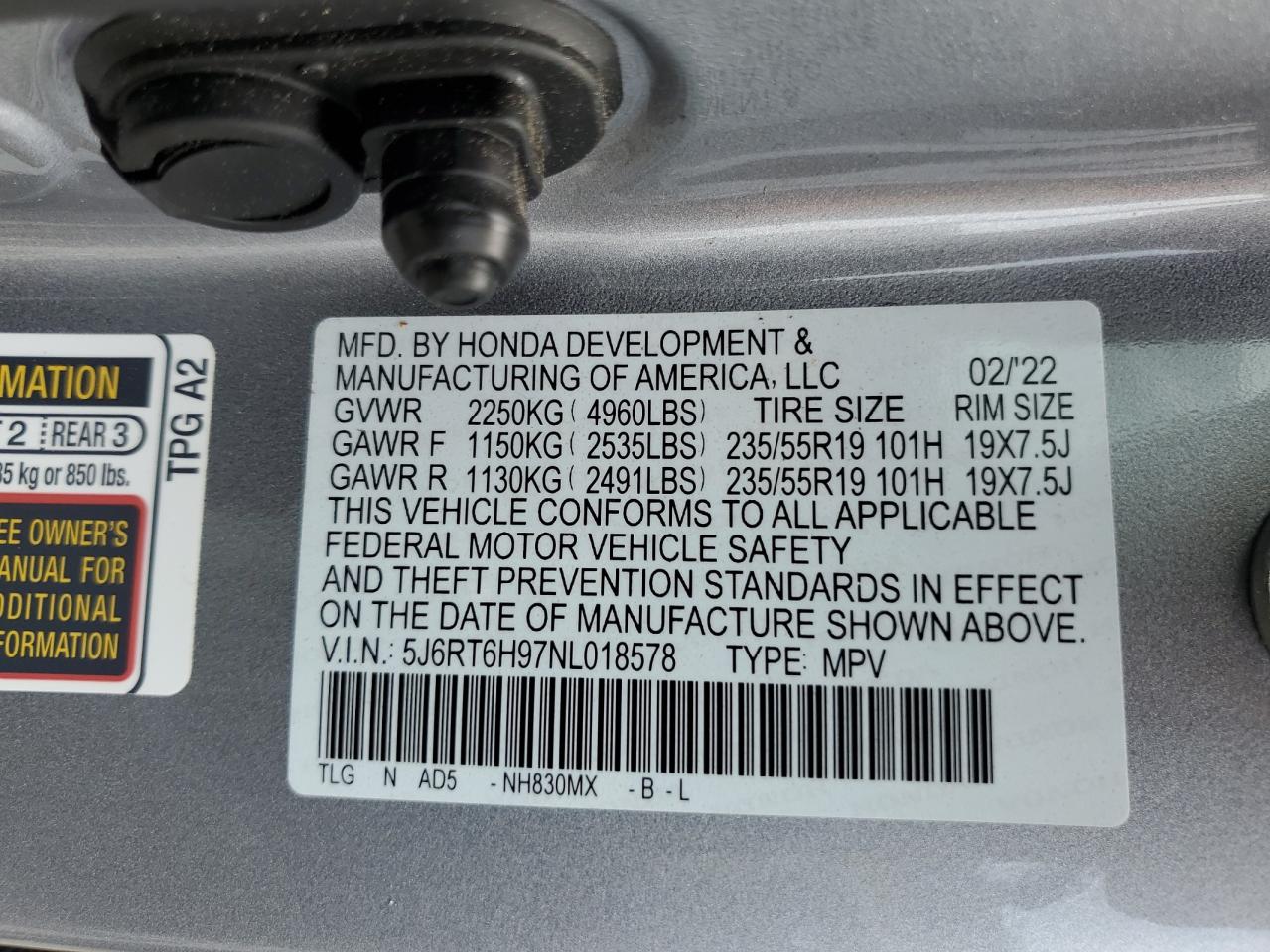 2022 Honda Cr-V Touring VIN: 5J6RT6H97NL018578 Lot: 63093224