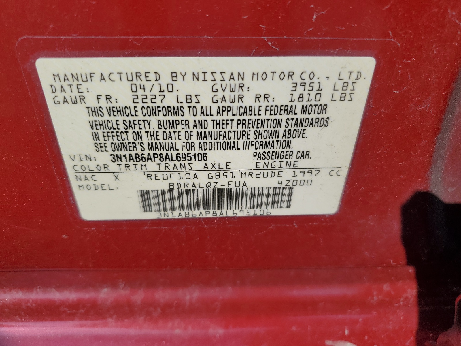 3N1AB6AP8AL695106 2010 Nissan Sentra 2.0