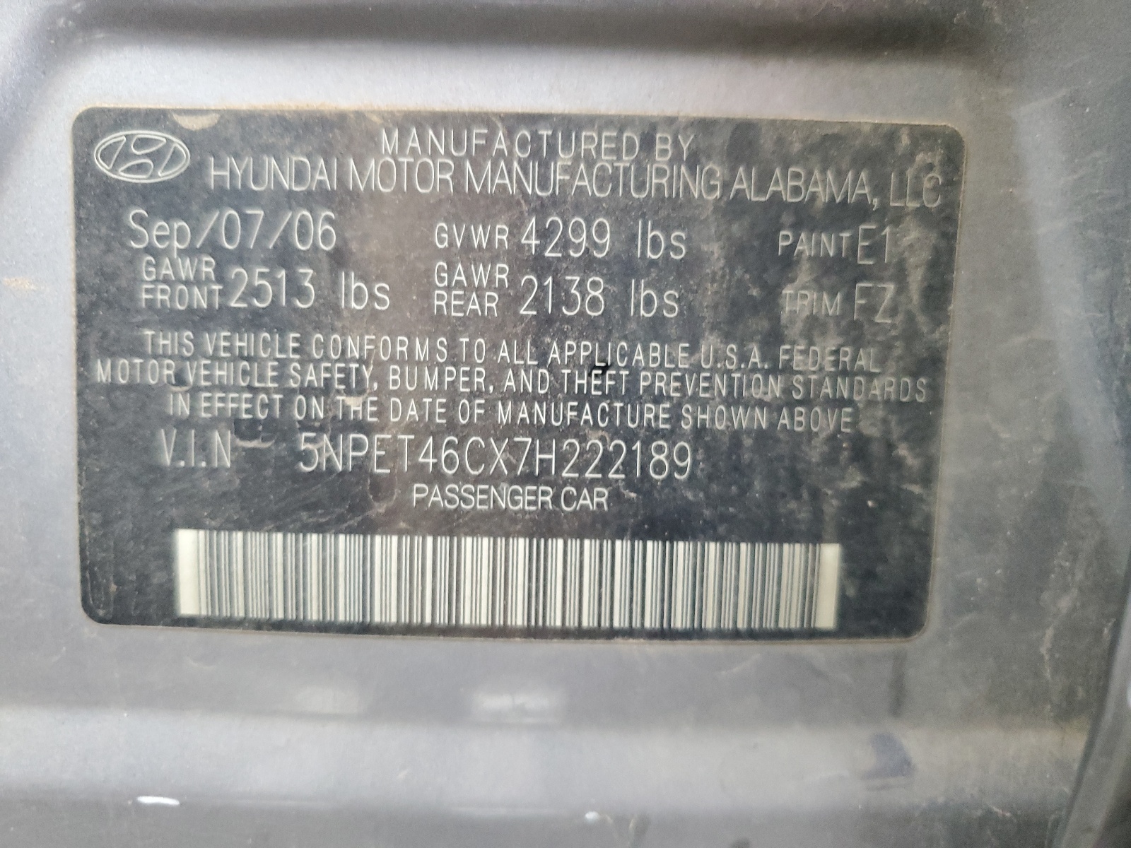 5NPET46CX7H222189 2007 Hyundai Sonata Gls