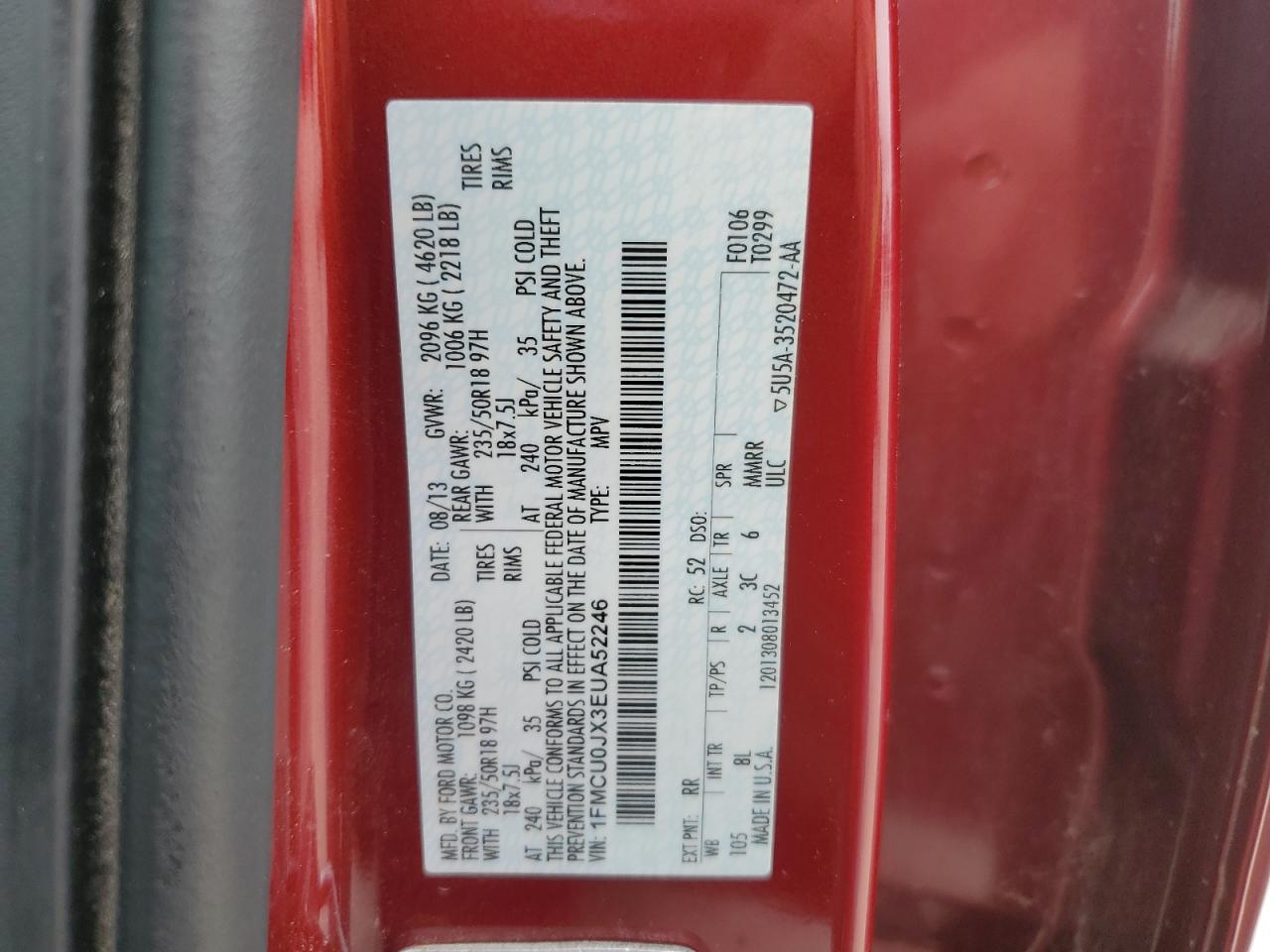 2014 Ford Escape Titanium VIN: 1FMCU0JX3EUA52246 Lot: 64214464