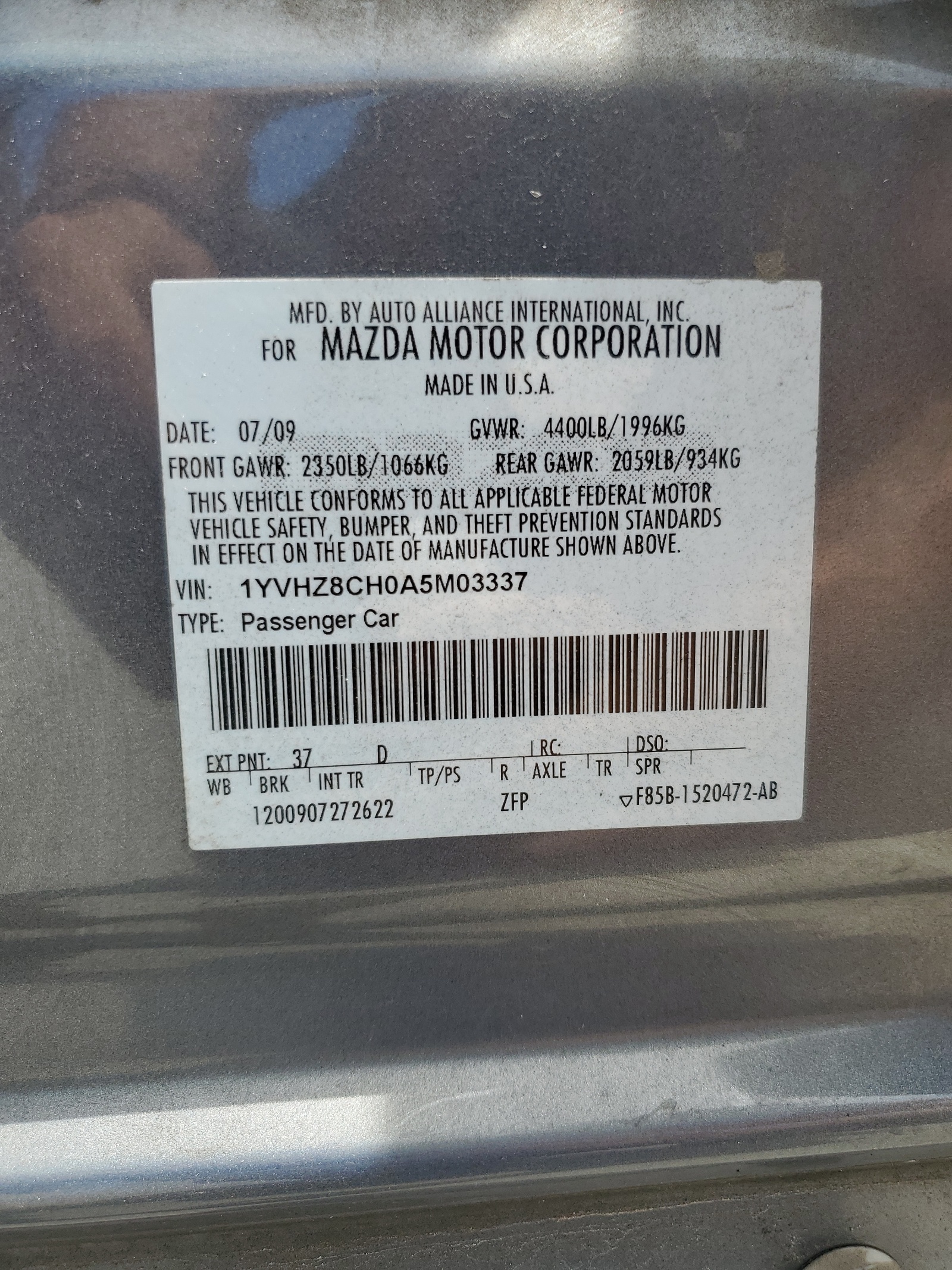 1YVHZ8CH0A5M03337 2010 Mazda 6 I