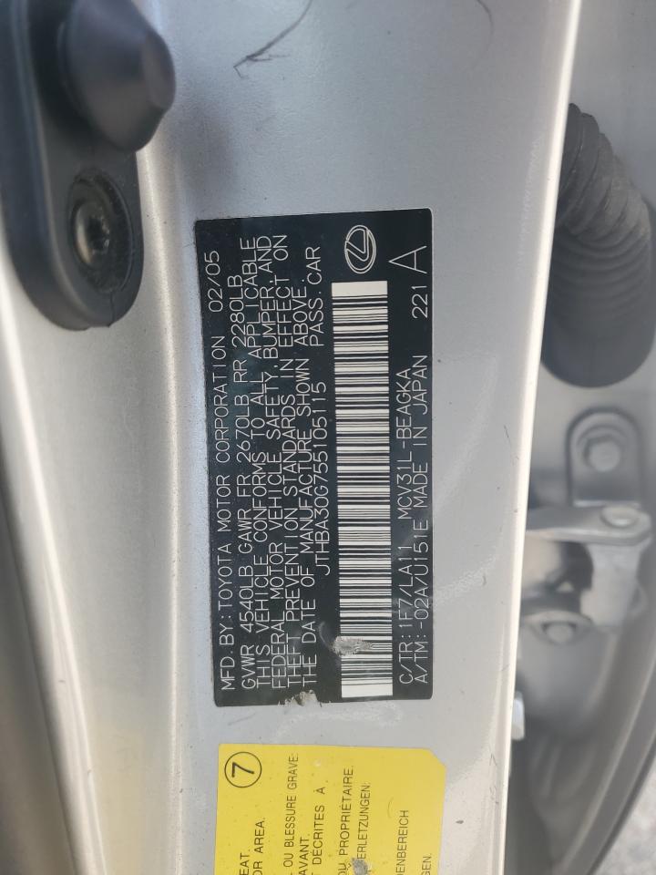 2005 Lexus Es 330 VIN: JTHBA30G755105115 Lot: 63863334