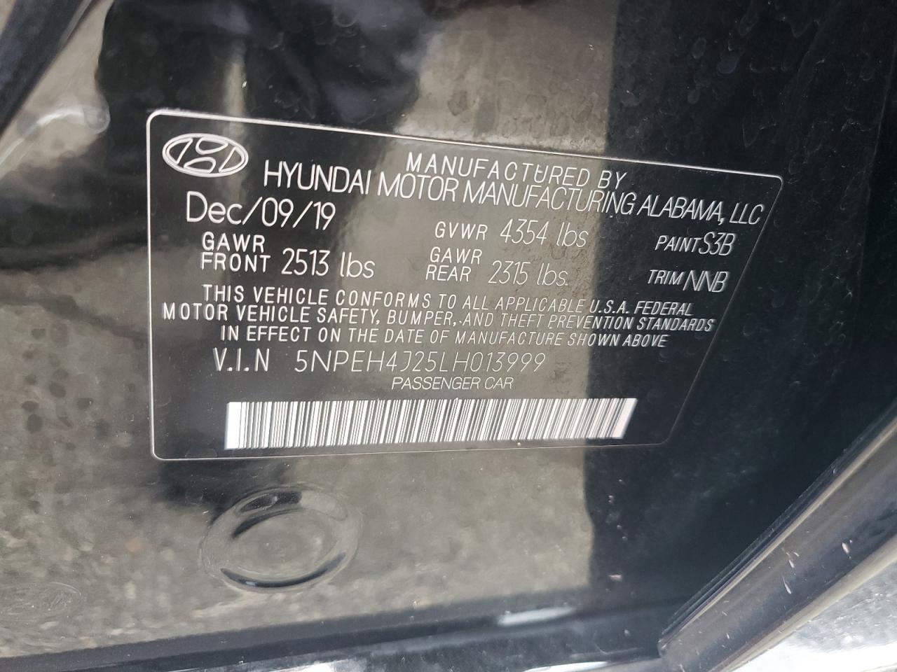 2020 Hyundai Sonata Limited VIN: 5NPEH4J25LH013999 Lot: 64806124