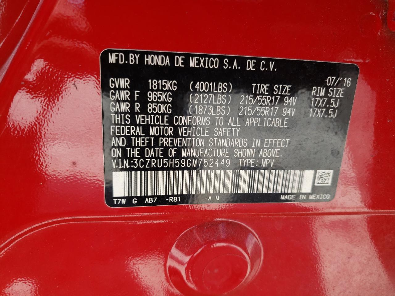 2016 Honda Hr-V Ex VIN: 3CZRU5H59GM752449 Lot: 61657374