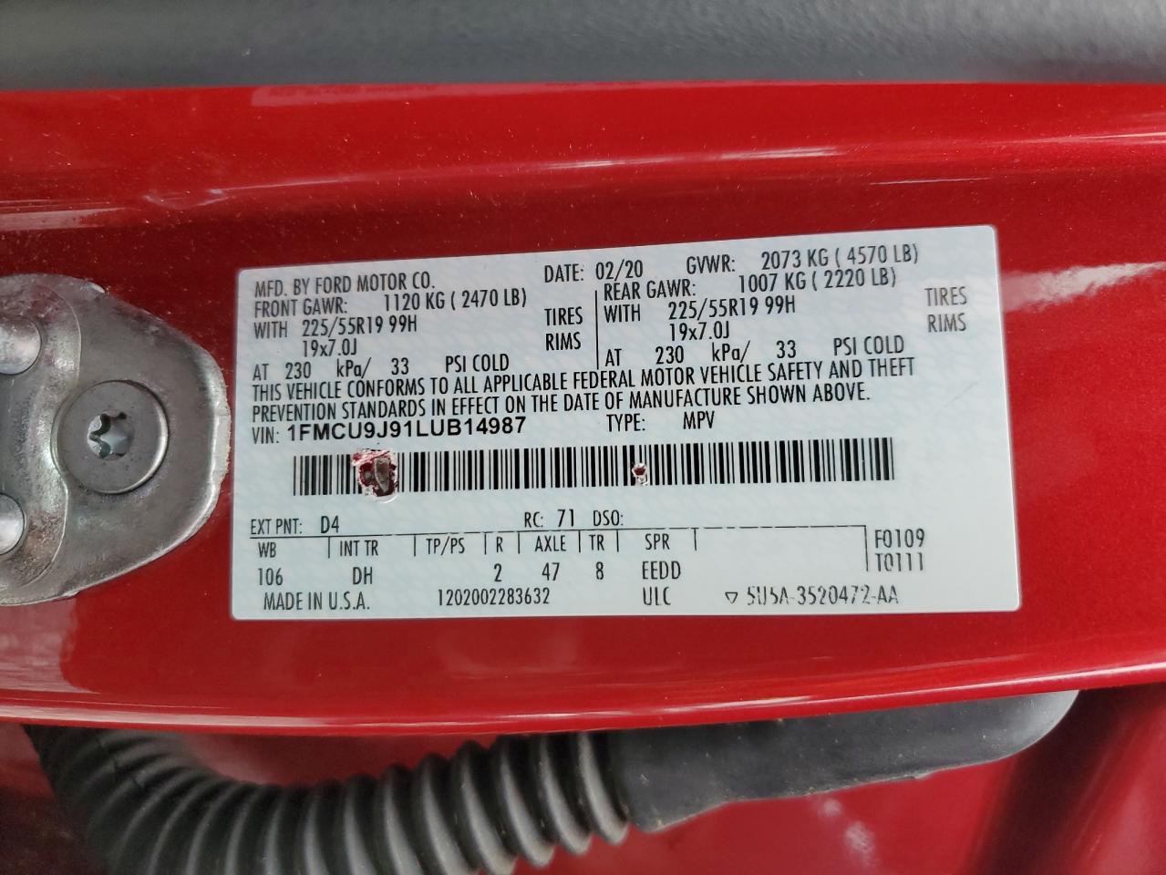 2020 Ford Escape Titanium VIN: 1FMCU9J91LUB14987 Lot: 64477734