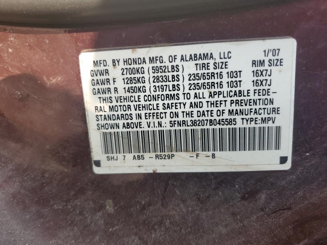 2007 Honda Odyssey Lx VIN: 5FNRL38207B045585 Lot: 64438544