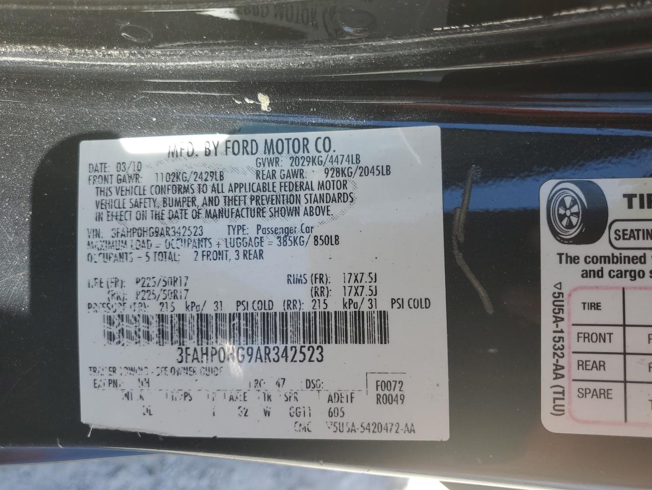 2010 Ford Fusion Se VIN: 3FAHP0HG9AR342523 Lot: 61246754