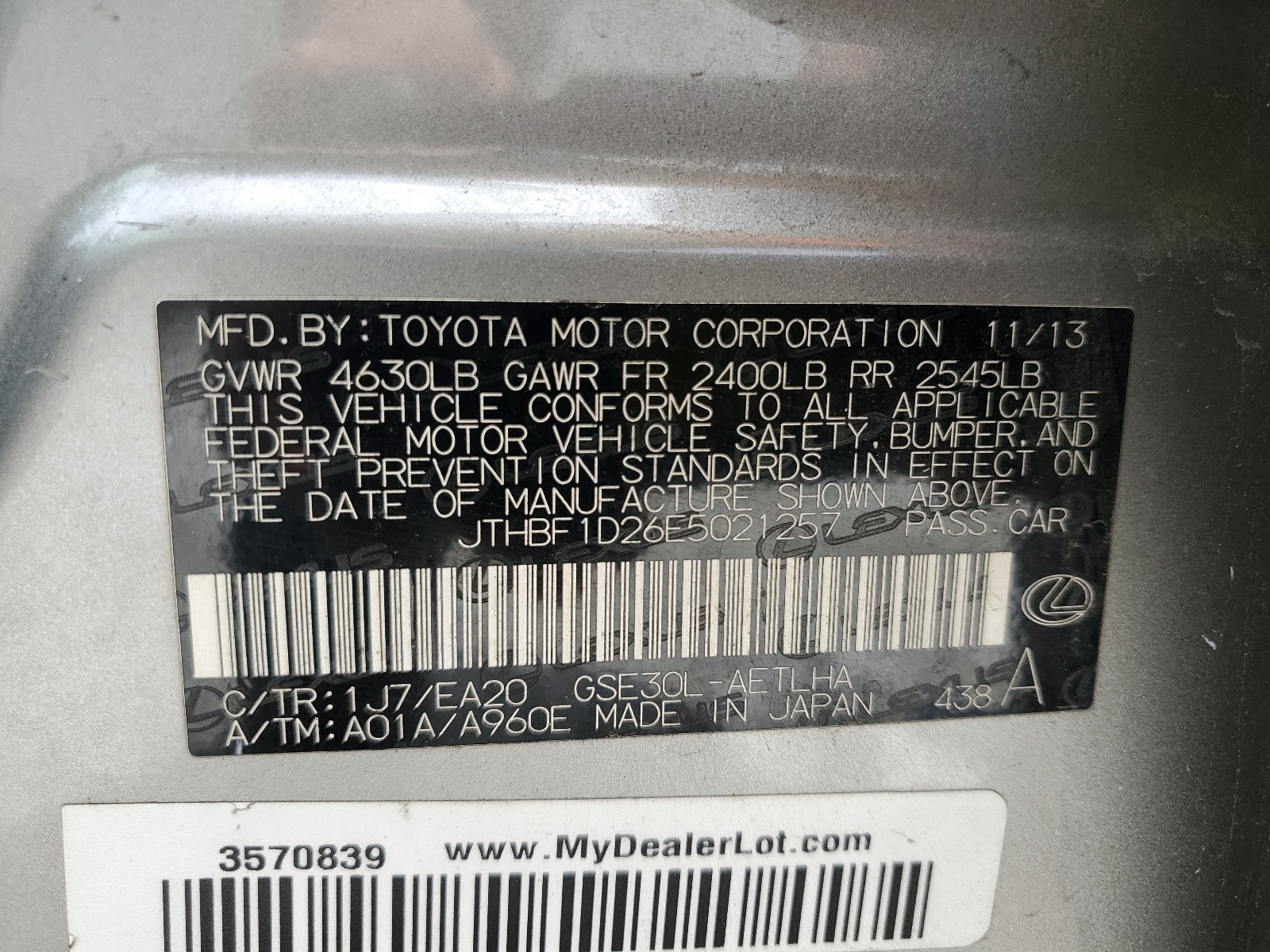 JTHBF1D26E5021257 2014 Lexus Is 250