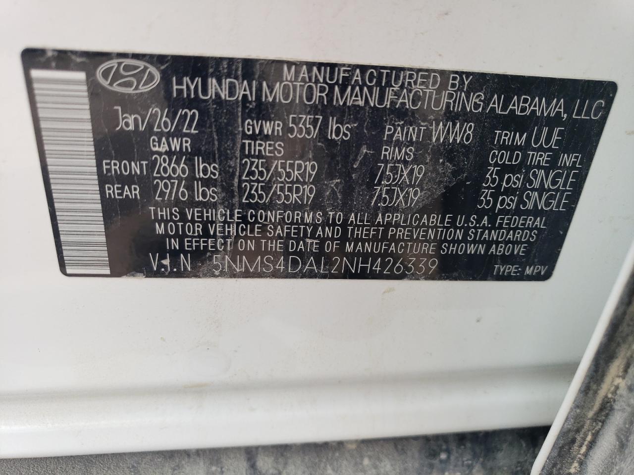 2022 Hyundai Santa Fe Limited VIN: 5NMS4DAL2NH426339 Lot: 64954834