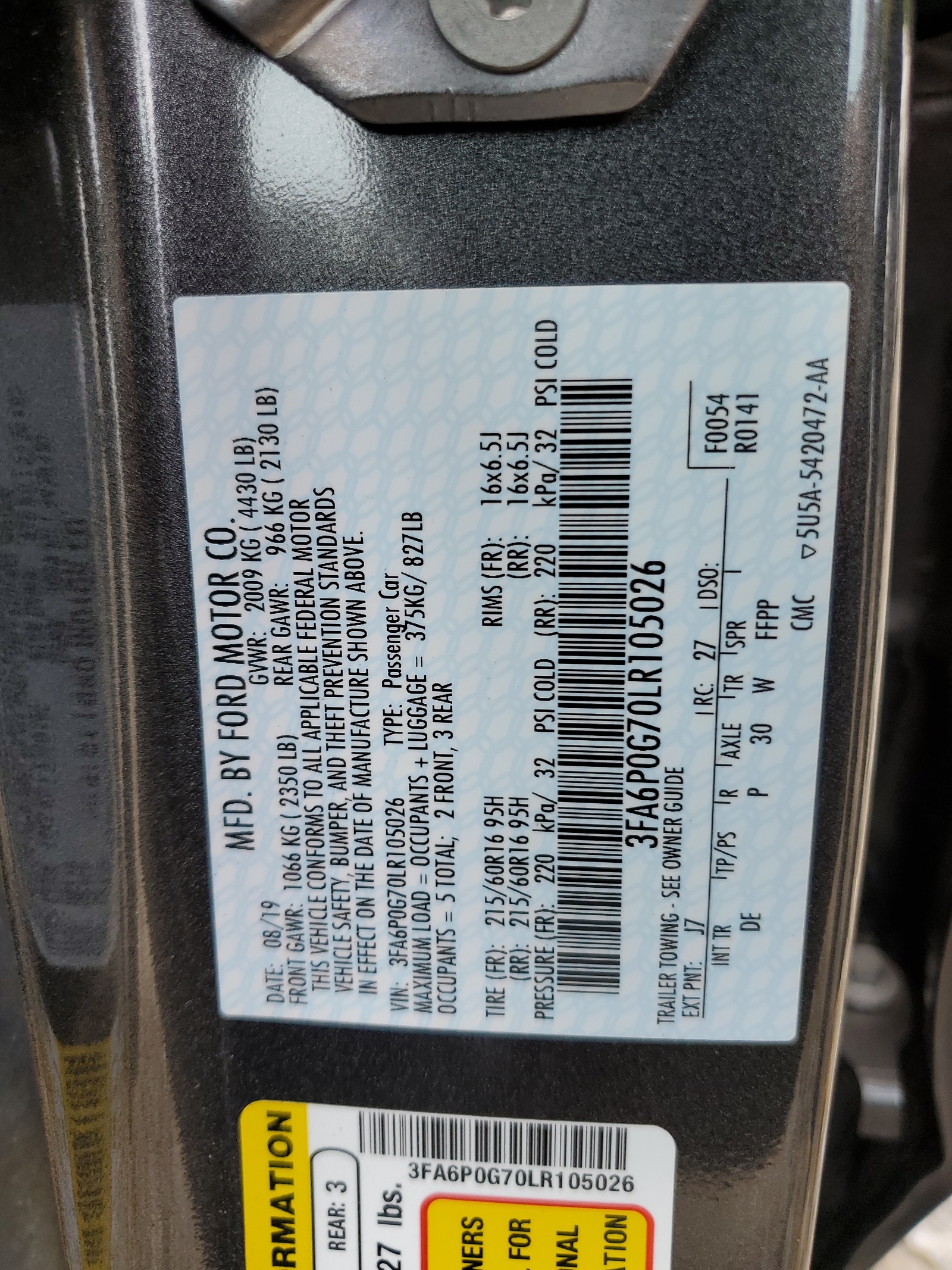 3FA6P0G70LR105026 2020 Ford Fusion S