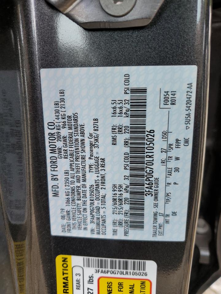 2020 Ford Fusion S VIN: 3FA6P0G70LR105026 Lot: 62151414