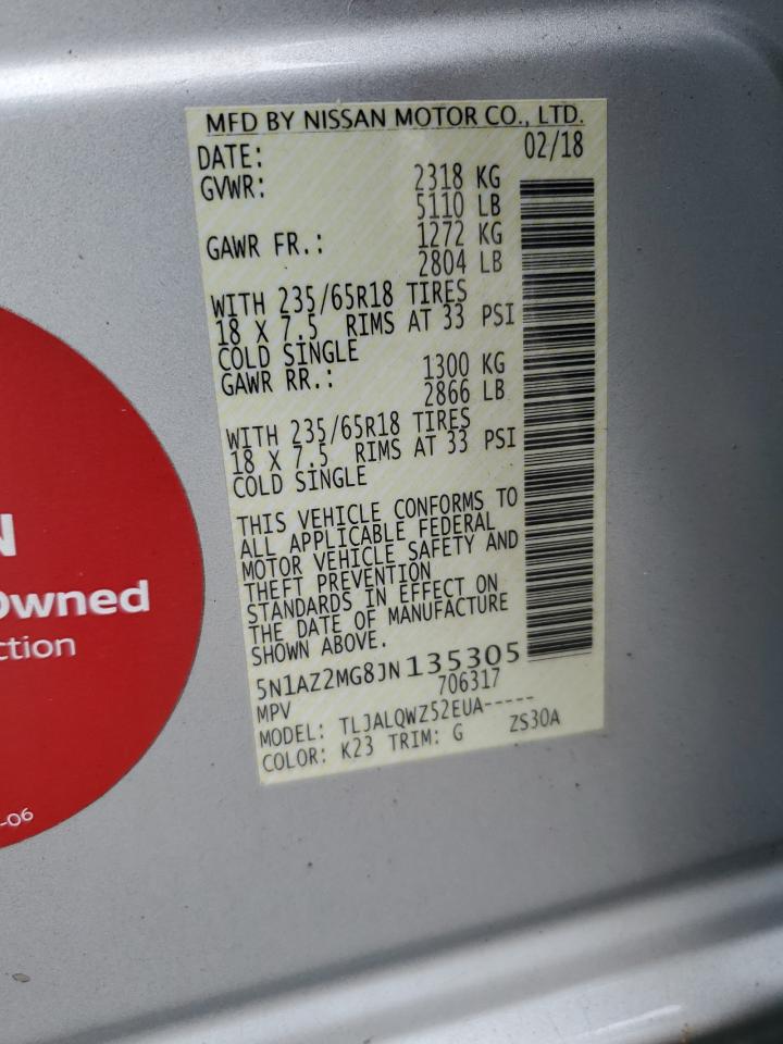 2018 Nissan Murano S VIN: 5N1AZ2MG8JN135305 Lot: 64170104
