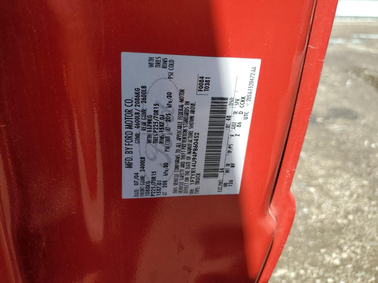 2004 Ford Ranger Super Cab VIN: 1FTYR14U94PB60452 Lot: 61454954