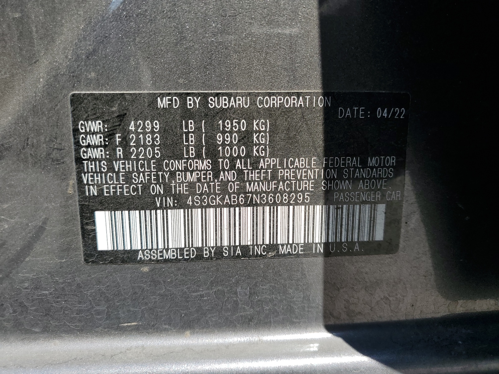 4S3GKAB67N3608295 2022 Subaru Impreza