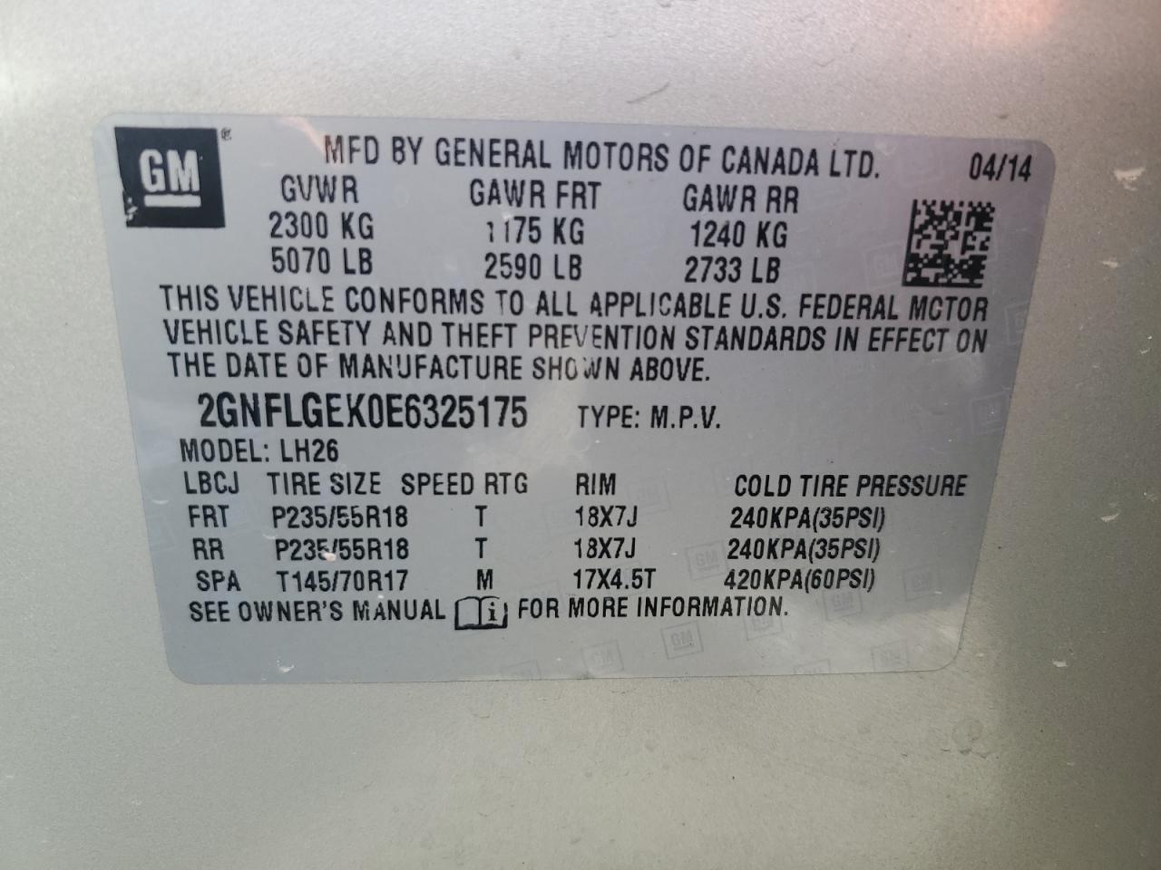 2GNFLGEK0E6325175 2014 Chevrolet Equinox Lt