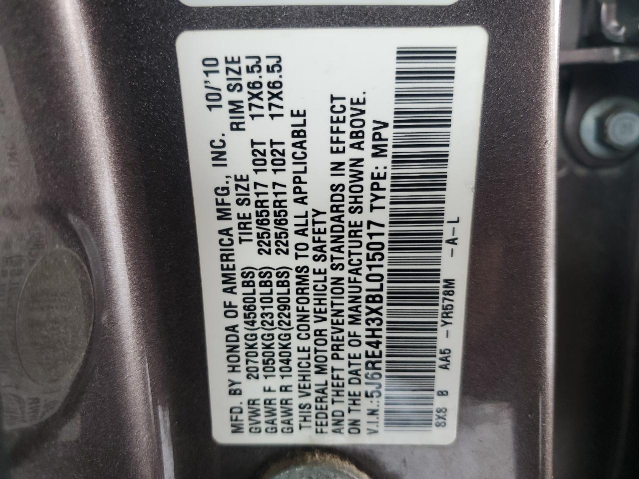 2011 Honda Cr-V Lx VIN: 5J6RE4H3XBL015017 Lot: 64911494