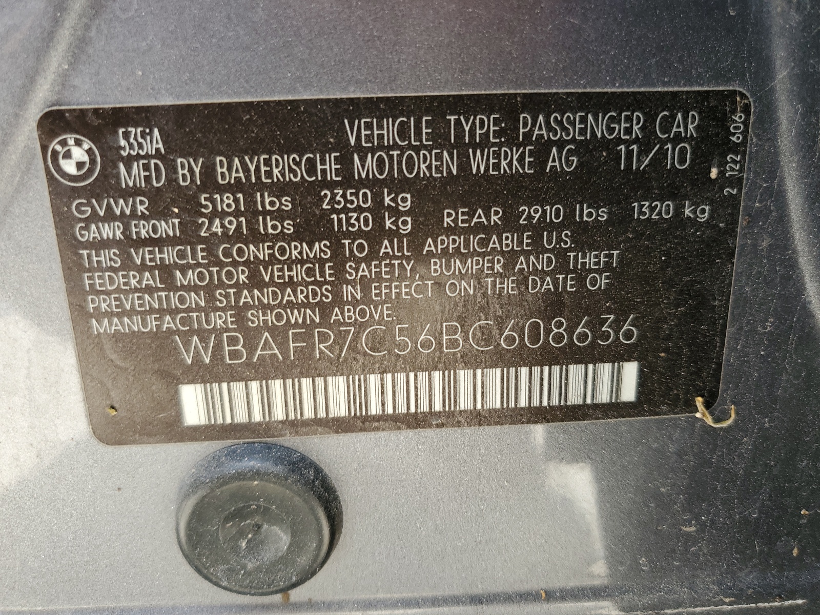 WBAFR7C56BC608636 2011 BMW 535 I