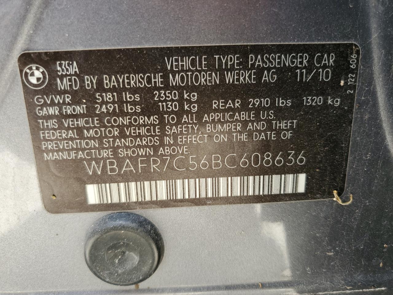 2011 BMW 535 I VIN: WBAFR7C56BC608636 Lot: 62142814