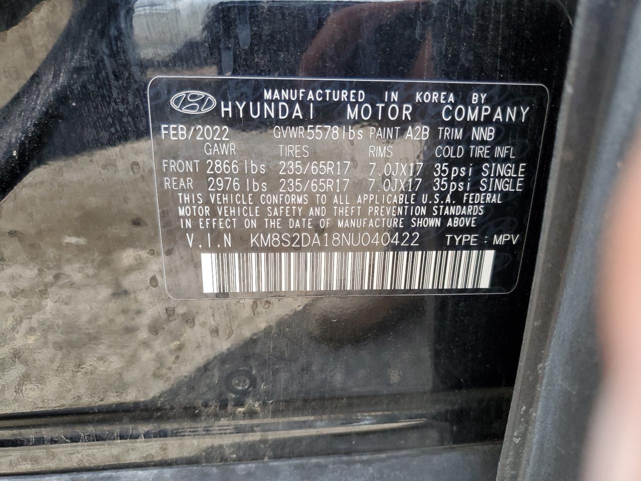 2022 Hyundai Santa Fe Blue VIN: KM8S2DA18NU040422 Lot: 63273114