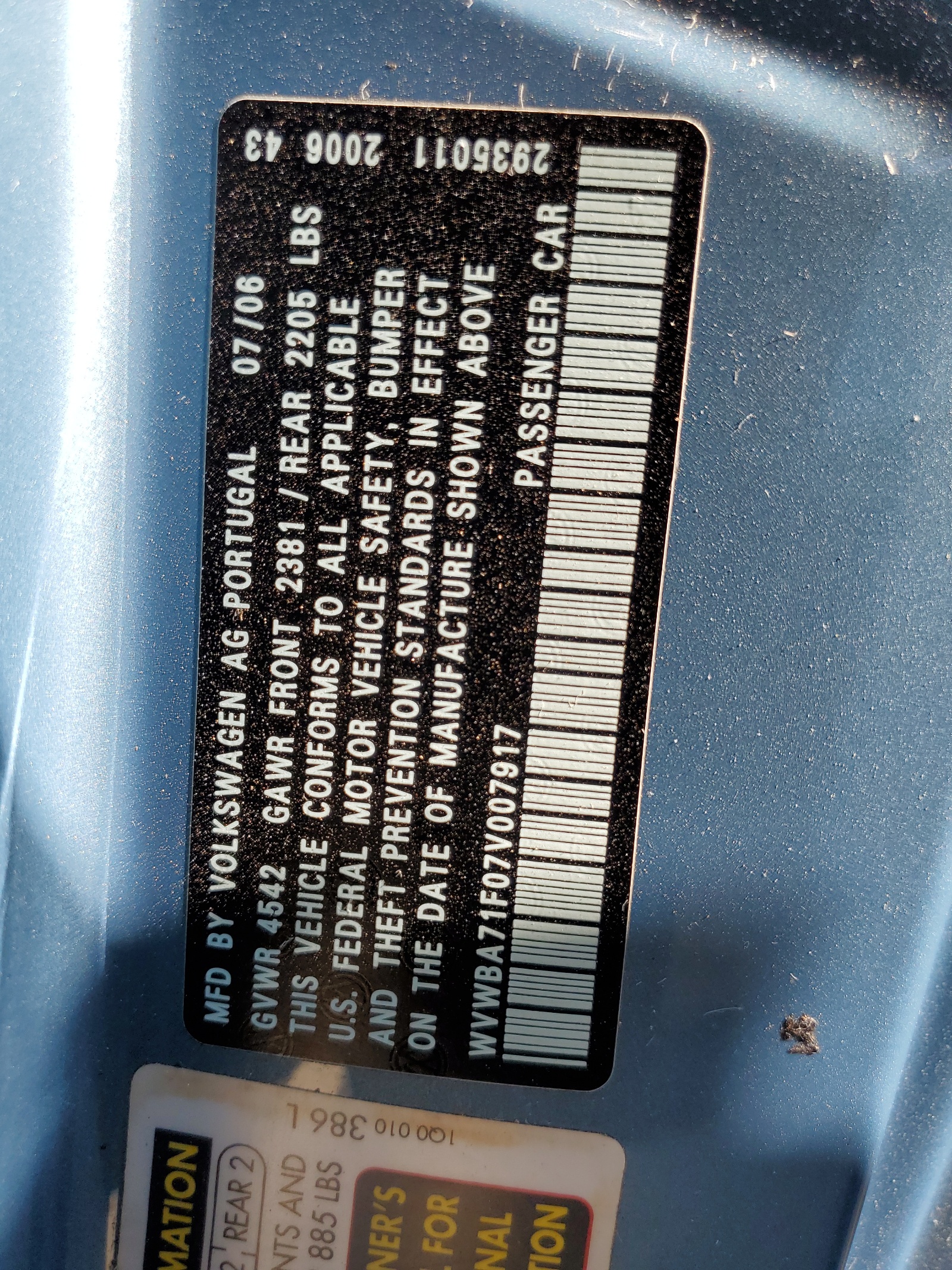 WVWBA71F07V007917 2007 Volkswagen Eos 2.0T