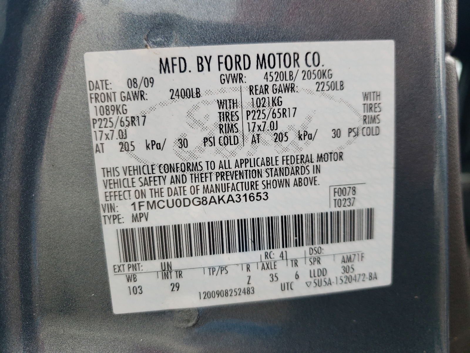 1FMCU0DG8AKA31653 2010 Ford Escape Xlt