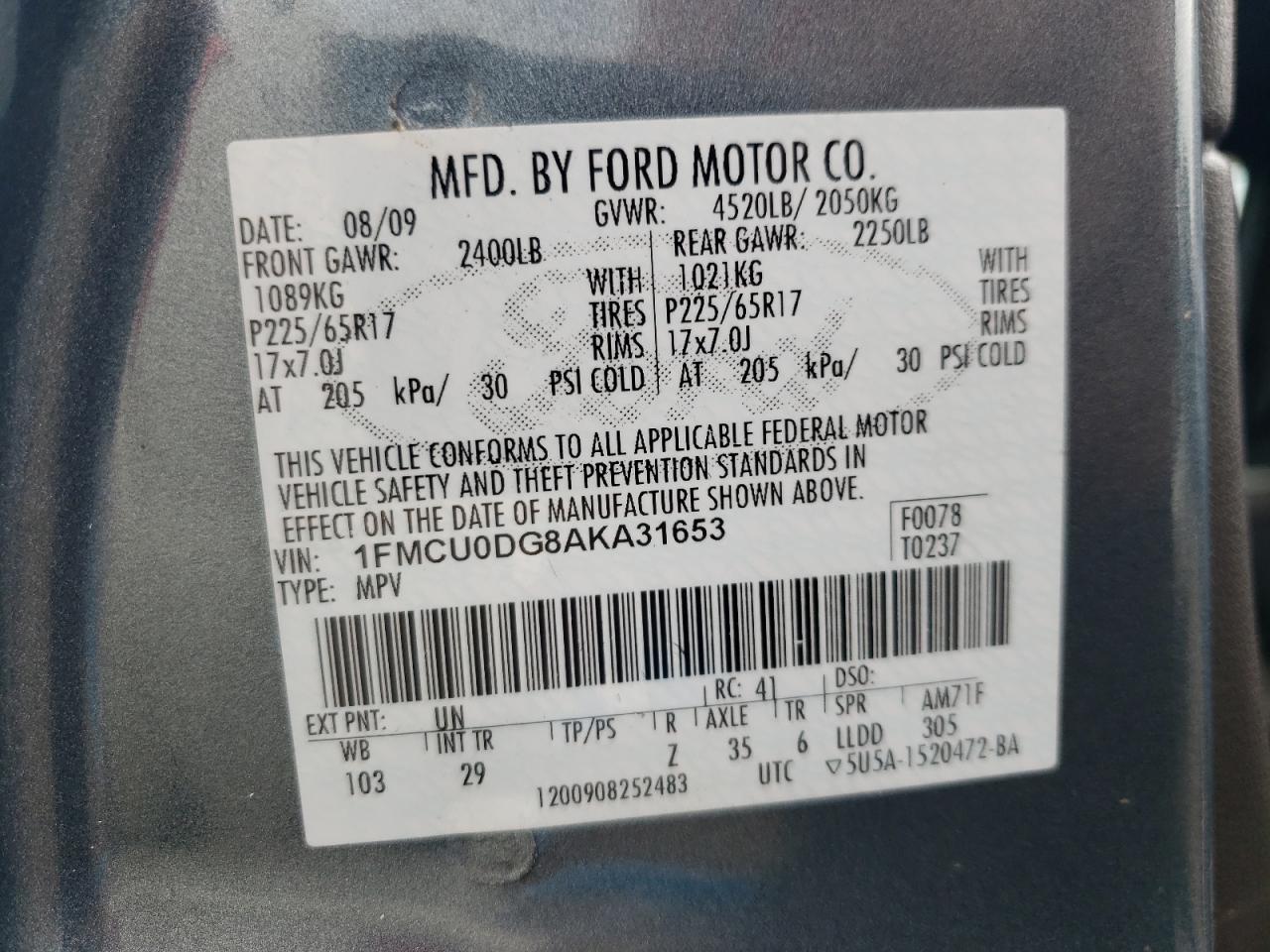 2010 Ford Escape Xlt VIN: 1FMCU0DG8AKA31653 Lot: 63996484