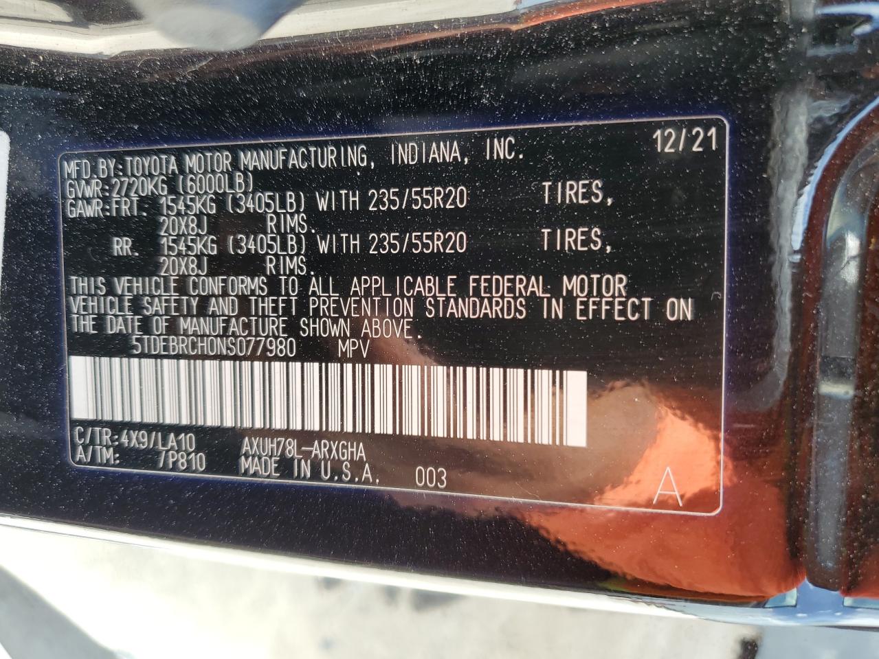 2022 Toyota Highlander Hybrid Platinum VIN: 5TDEBRCH0NS077980 Lot: 65250384