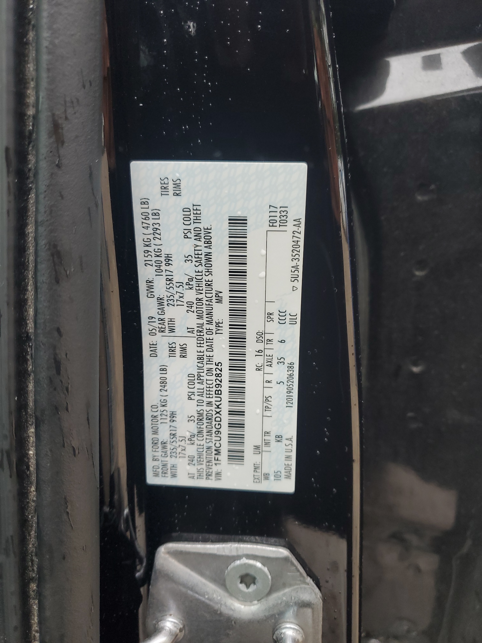 1FMCU9GDXKUB92825 2019 Ford Escape Se