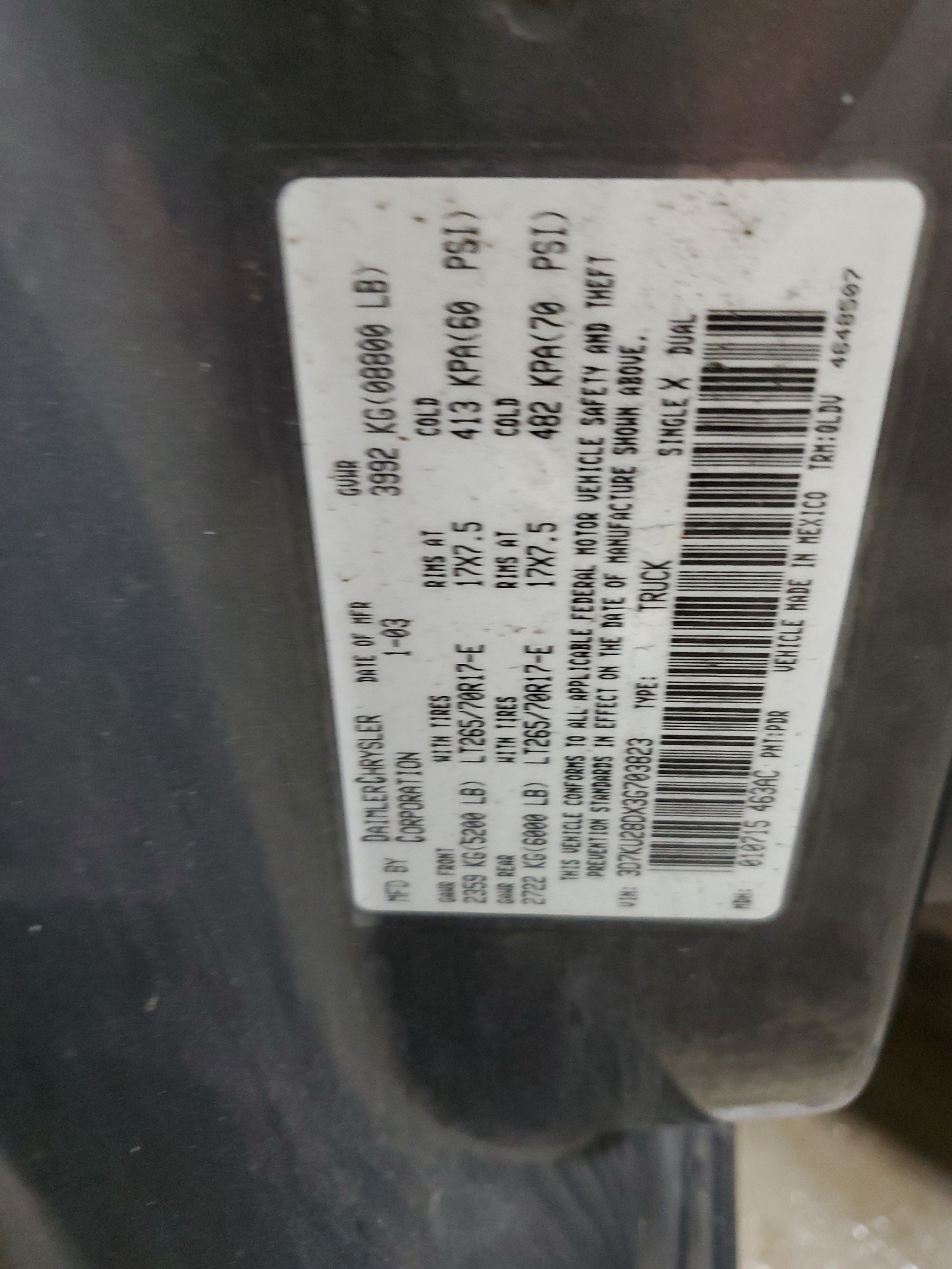 3D7KU28DX3G703823 2003 Dodge Ram 2500 St