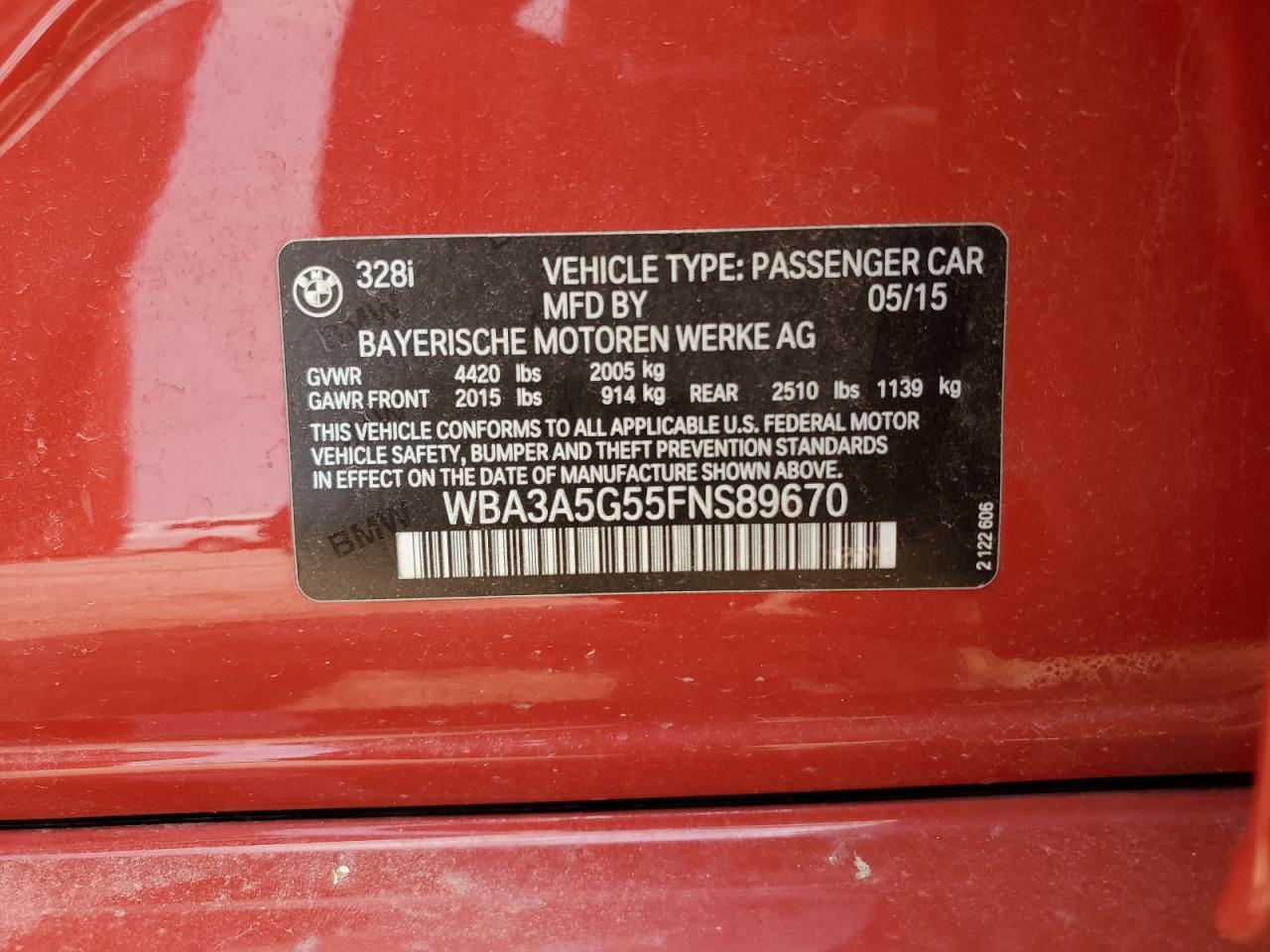 2015 BMW 328 I VIN: WBA3A5G55FNS89670 Lot: 64891494