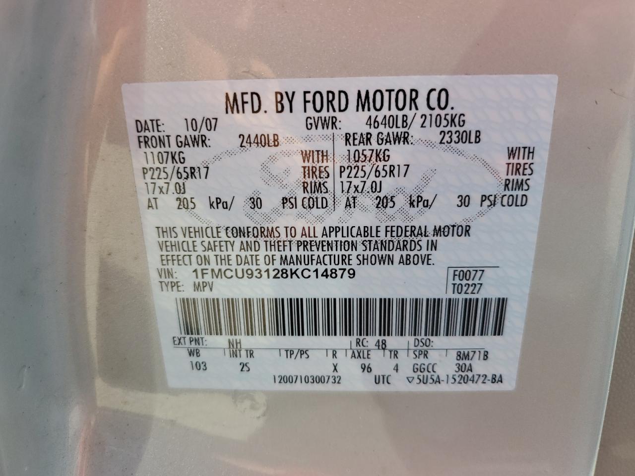 2008 Ford Escape Xlt VIN: 1FMCU93128KC14879 Lot: 63839714