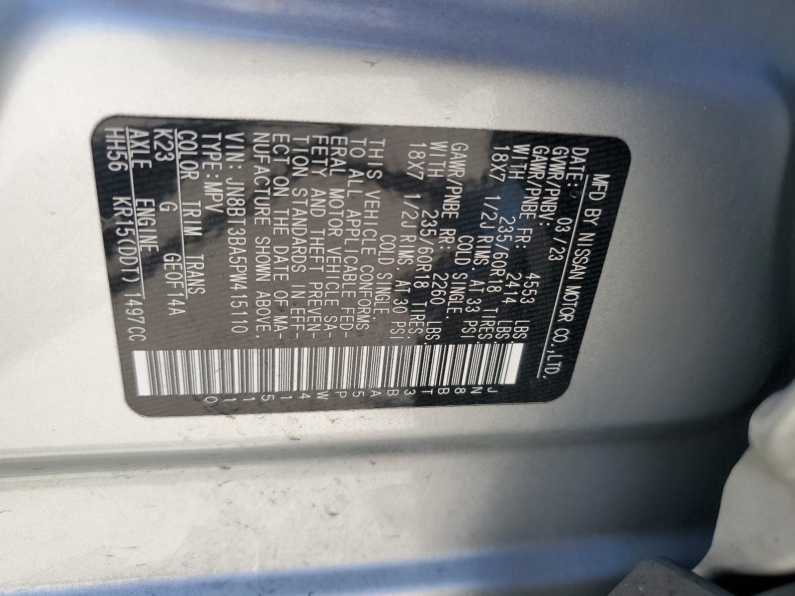 JN8BT3BA5PW415110 2023 Nissan Rogue Sv