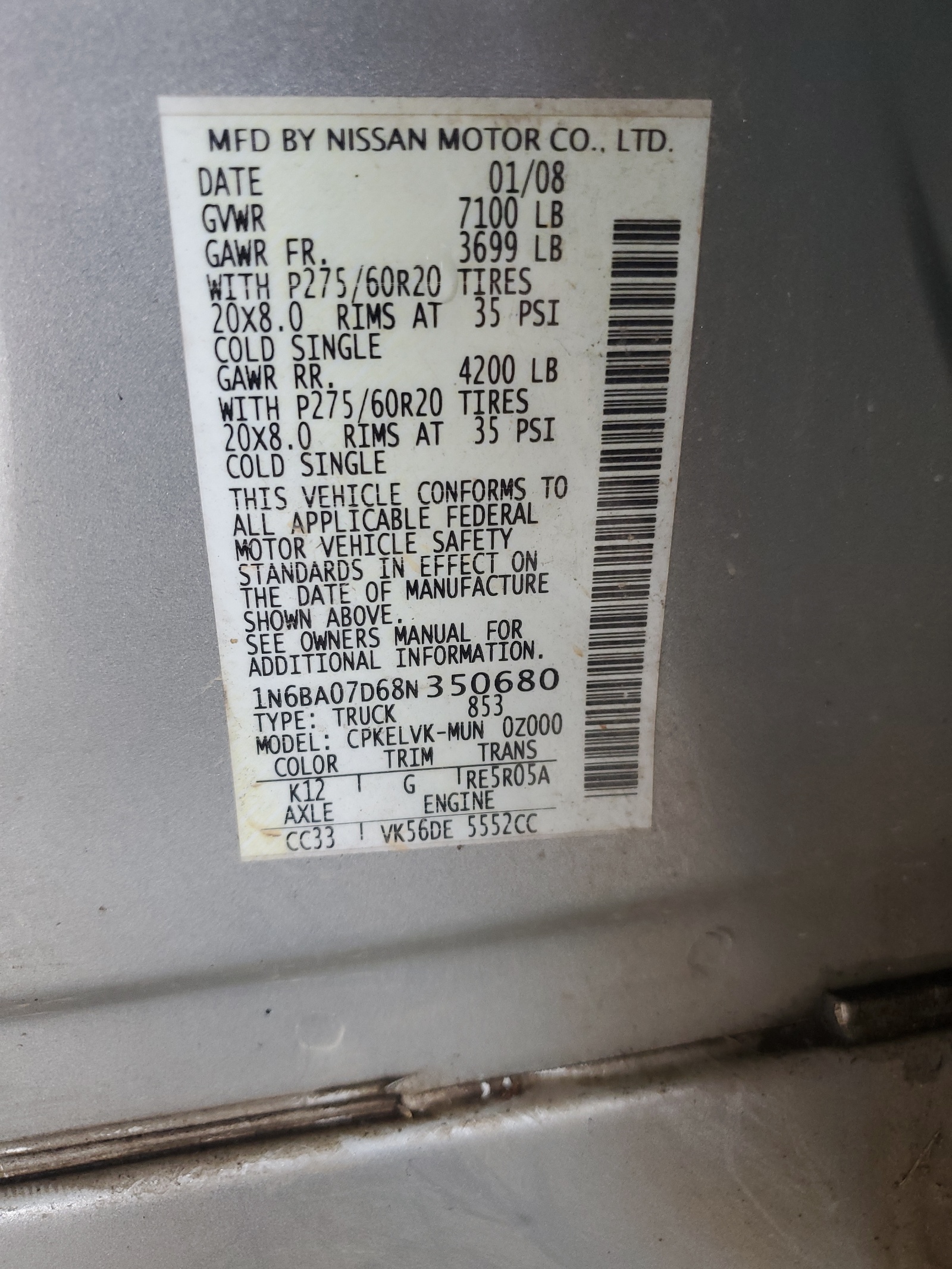 1N6BA07D68N350680 2008 Nissan Titan Xe