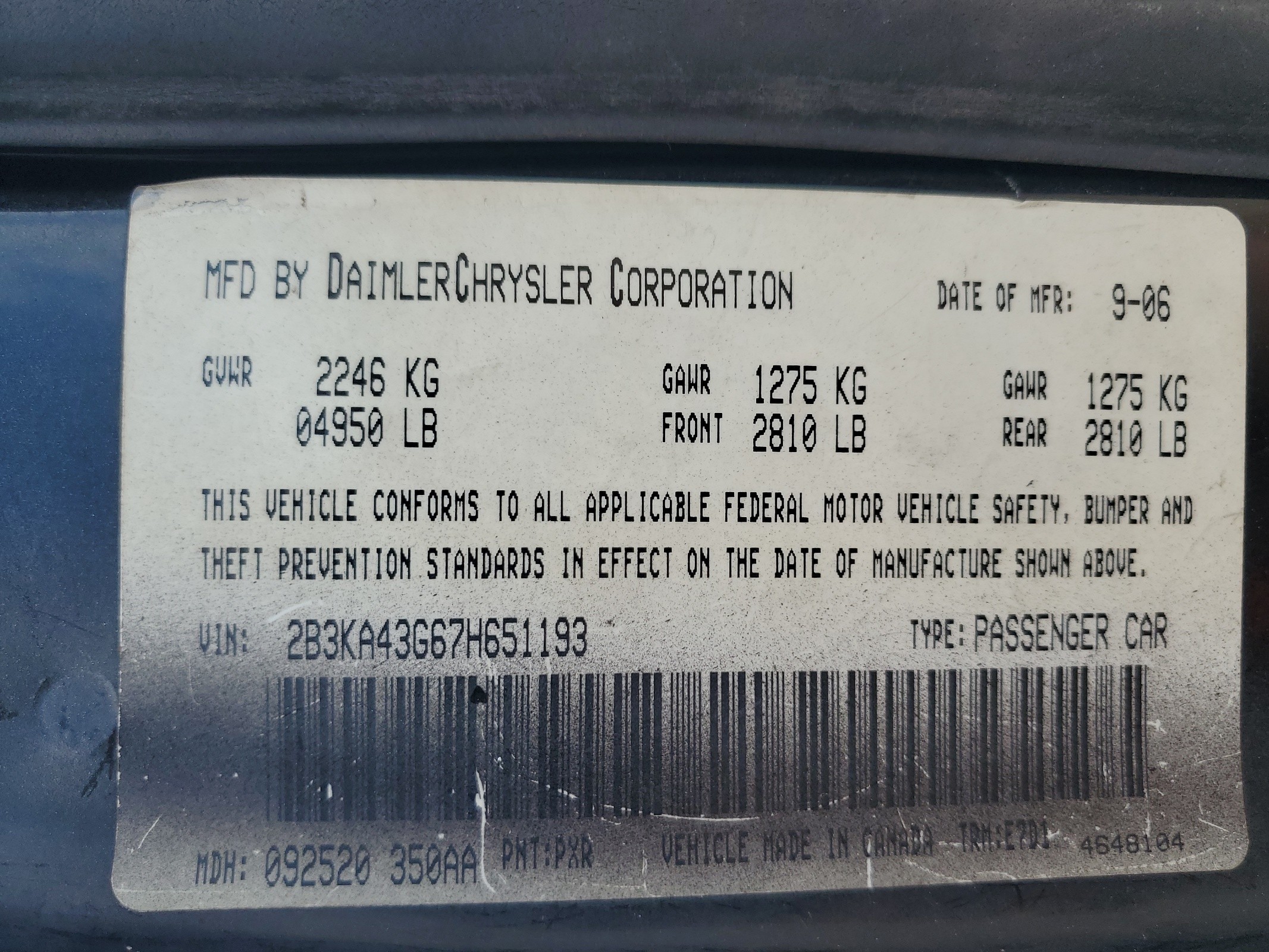 2B3KA43G67H651193 2007 Dodge Charger Se